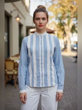Gucci Blue and White Vertical Stripe Button-Front Blouse